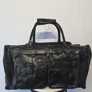 Men's Black Leather Travel Duffel Bag with Pockets
